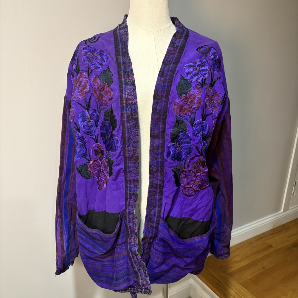 Vintage Floral Embroidered Boho Cotton Jacket Oversized Artsy Vibrant Purple